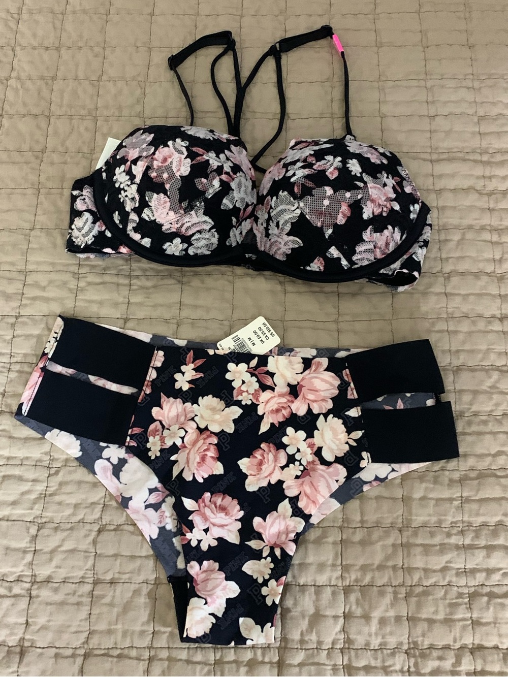 PINK Floral Bikini Set Black & Pink 34C / M/M NWT